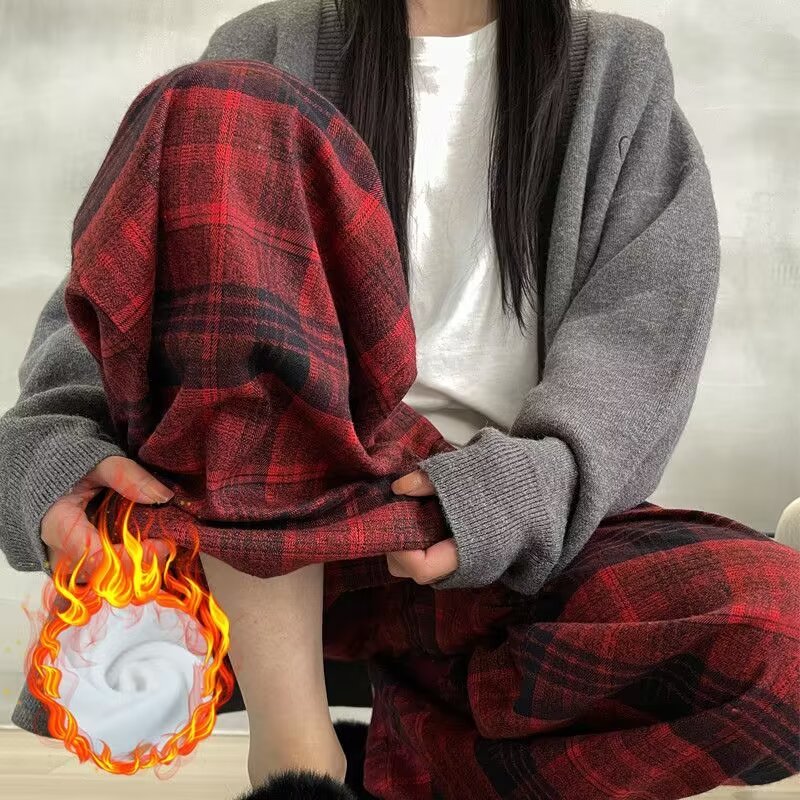 磨毛格子褲女秋冬小個子休閒垂感直筒拖地長褲加絨高腰闊腿褲