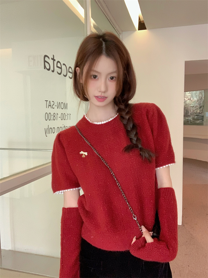 Actual shot of New Year’s atmosphere Christmas red sweater with sleeves super nice French niche loose knitted top