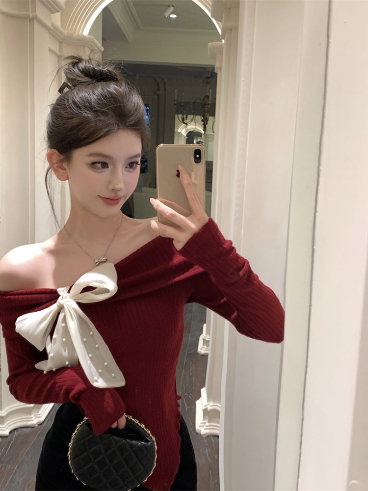 一字肩蝴蝶結針織打底衫女冬季聖誕紅色長袖毛衣內搭別致絕美上衣
