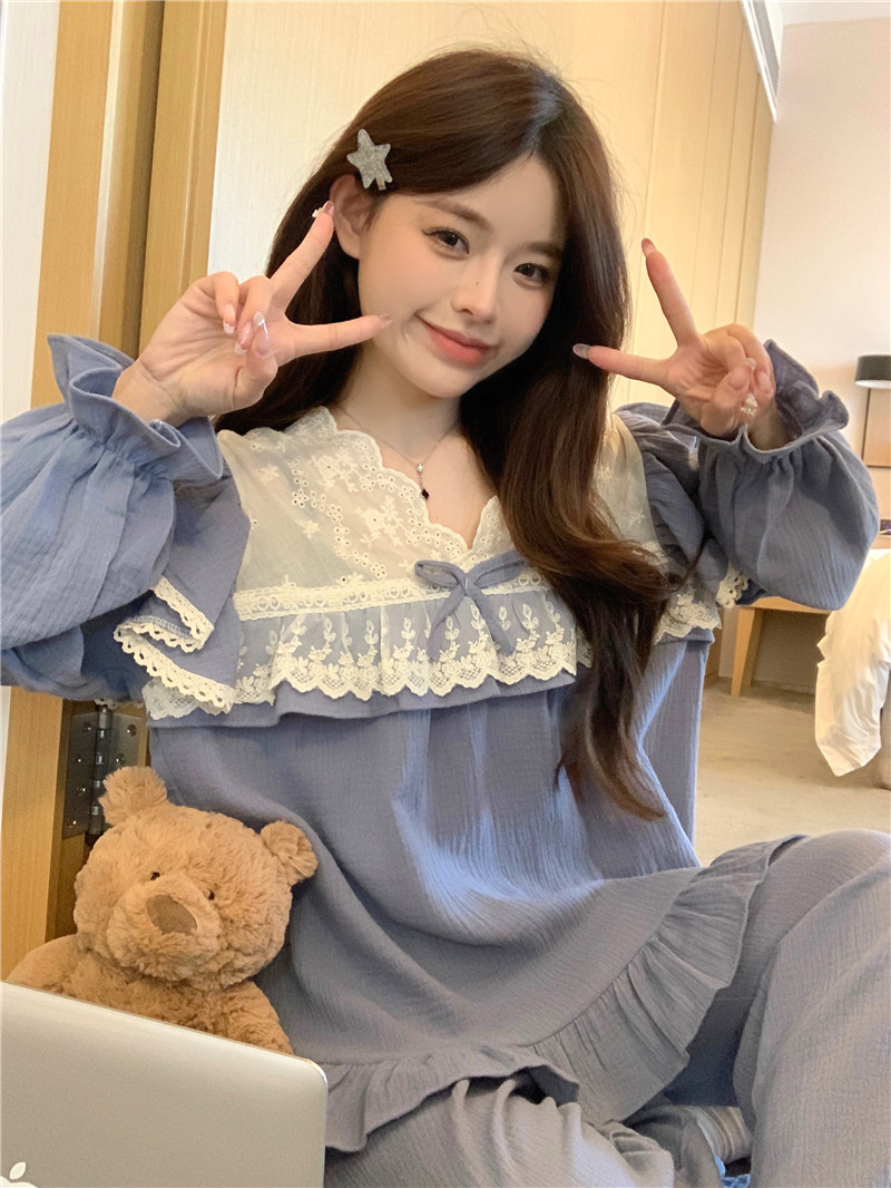 Real shot Korean version of sweet soft cotton skin-friendly double yarn heavy industry lace palace style spring and autumn home wear suit nightgown