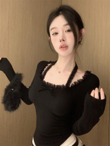 Lace bow halterneck long-sleeved T-shirt women's autumn and winter short top bottoming shirt