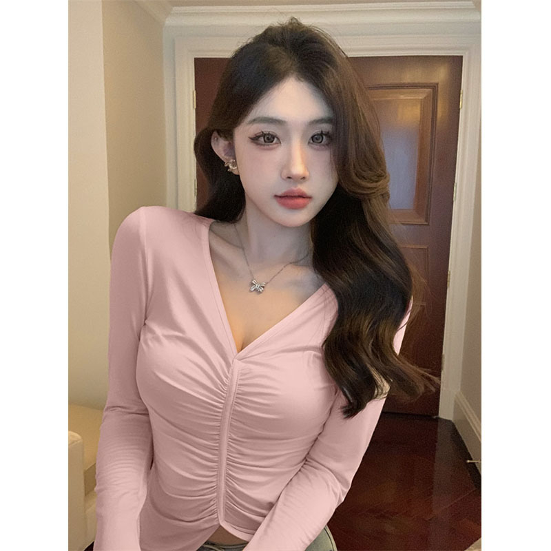 40 counts modal 260g rayon unique and sweet v-neck clavicle shoulder top with navel exposed design