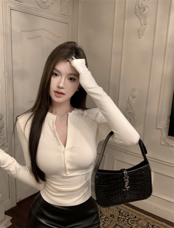 Actual shot ~ Button-down long-sleeved round-neck pleated top for women, slim fit T-shirt with long-sleeved bottoming shirt for women
