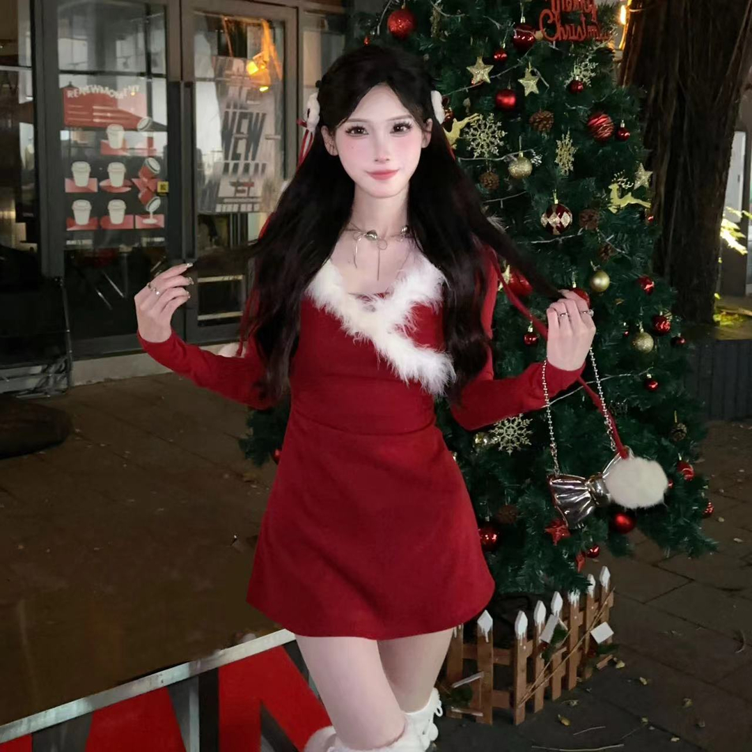 聖誕風拼接毛毛連帽連衣裙甜酷辣妹氣質收腰顯瘦短裙