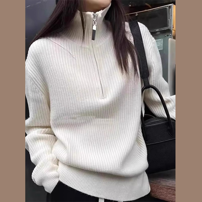 灰色半拉鏈高領毛衣打底衫女2023新款秋冬季內搭針織衫上衣設計感