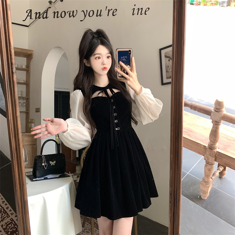 金絲絨+拉鏈大碼胖MM收腰A字短裙子法式鏤空遮肚子減齡連衣裙女
