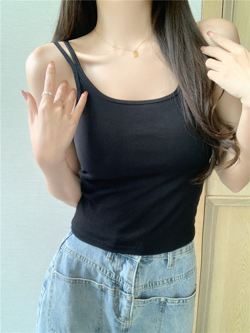 實拍~辣妹方領吊帶背心女內搭外穿帶胸墊百搭打底上衣