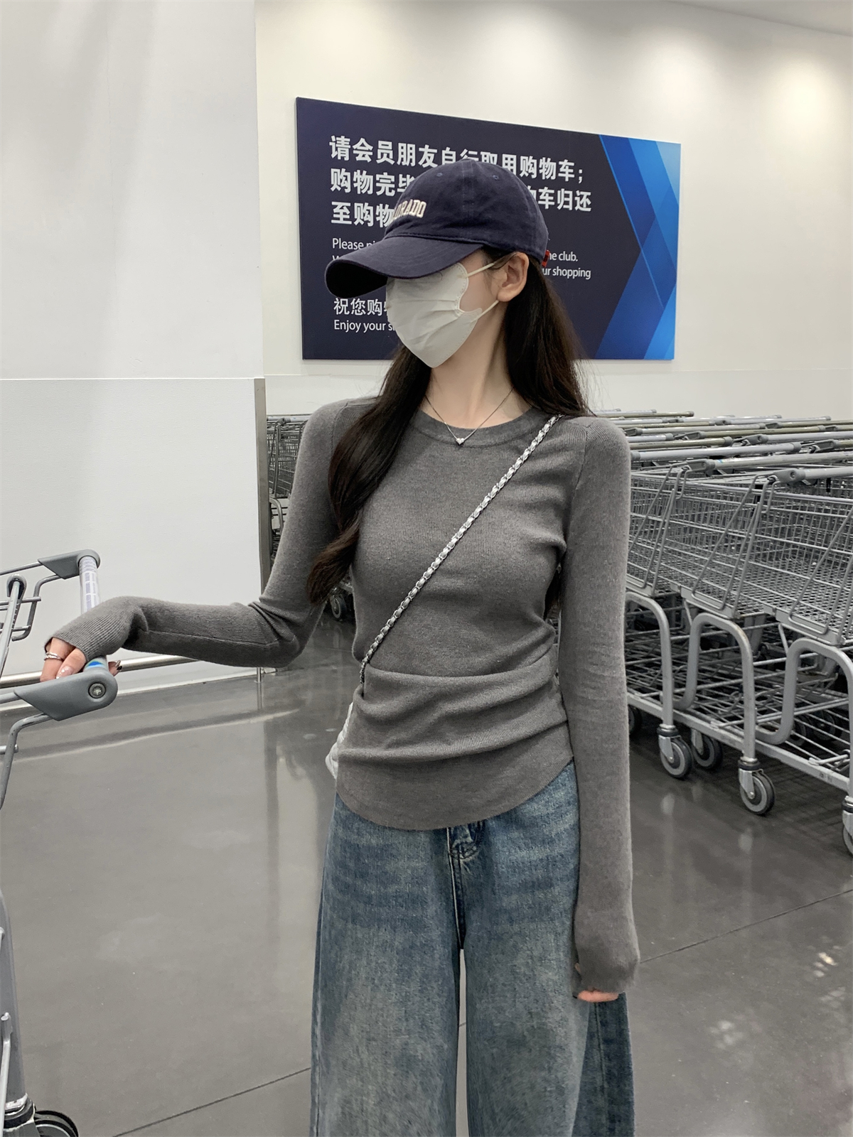 實拍 秋冬韓版修身百搭灰色圓領內搭純色針織打底衫毛衣女