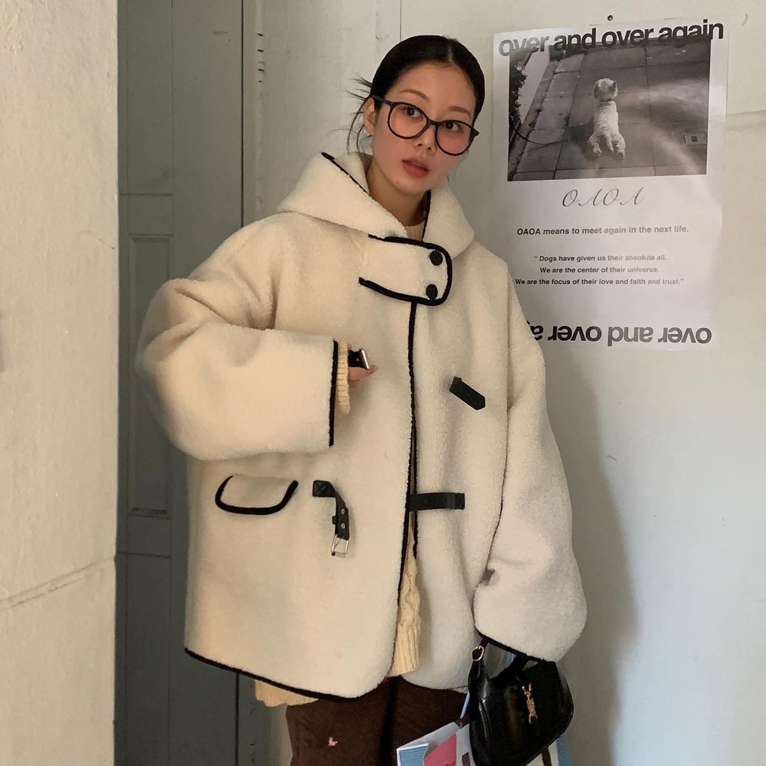Korean INS blogger niche chic buttoned design loose hooded furry lazy style casual jacket