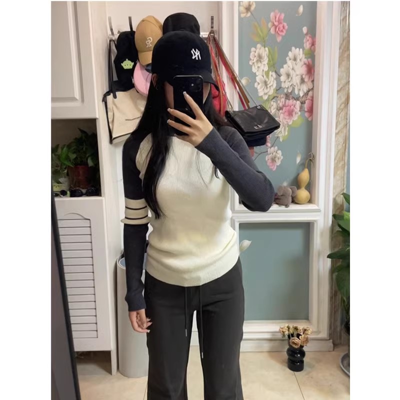 美式復古小眾短款內搭長袖針織衫毛衣女裝秋季修身顯瘦打底衫上衣