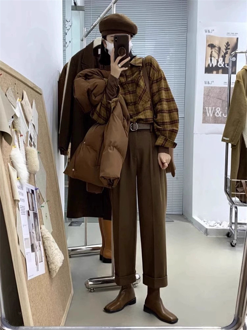 美式復古格子襯衫女秋冬季2023新款外穿寬鬆慵懶內搭襯衣外套