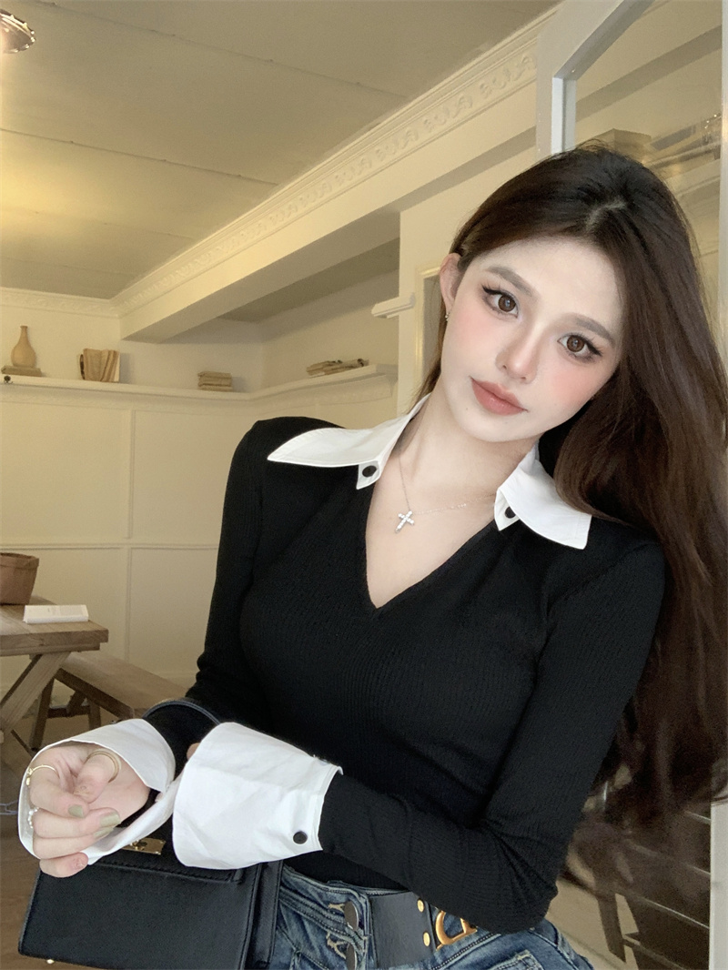Real shot of designer spliced ​​V-neck T-shirt bottoming shirt for hot girls in spring sexy slim long-sleeved top