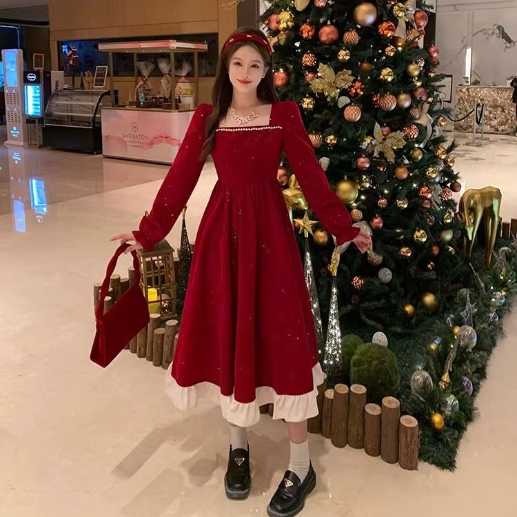 聖誕紅色連衣裙女秋冬年會禮服裙子氣質高級感方領絲絨收腰蓬蓬裙