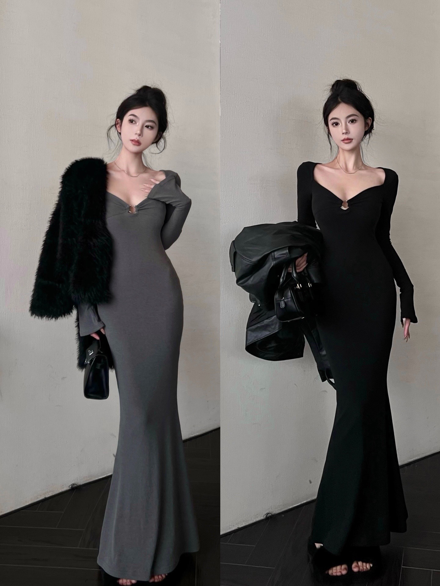 灰色v領長袖連衣裙女秋冬季收腰緊身顯身材魚尾裙子內搭包臀長裙