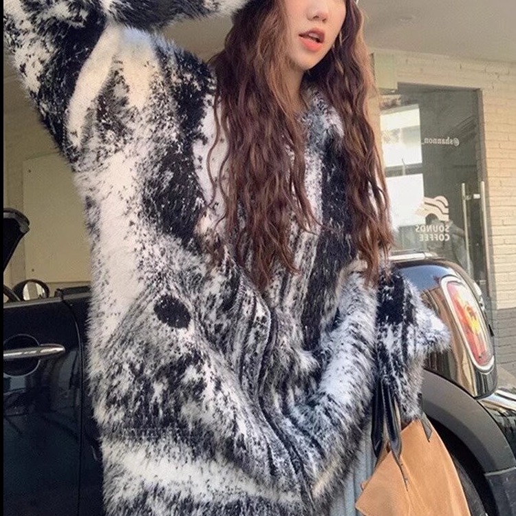 美拉德穿搭秋季國風潑墨仿貂毛針織開衫女中長款馬海毛毛衣外套潮