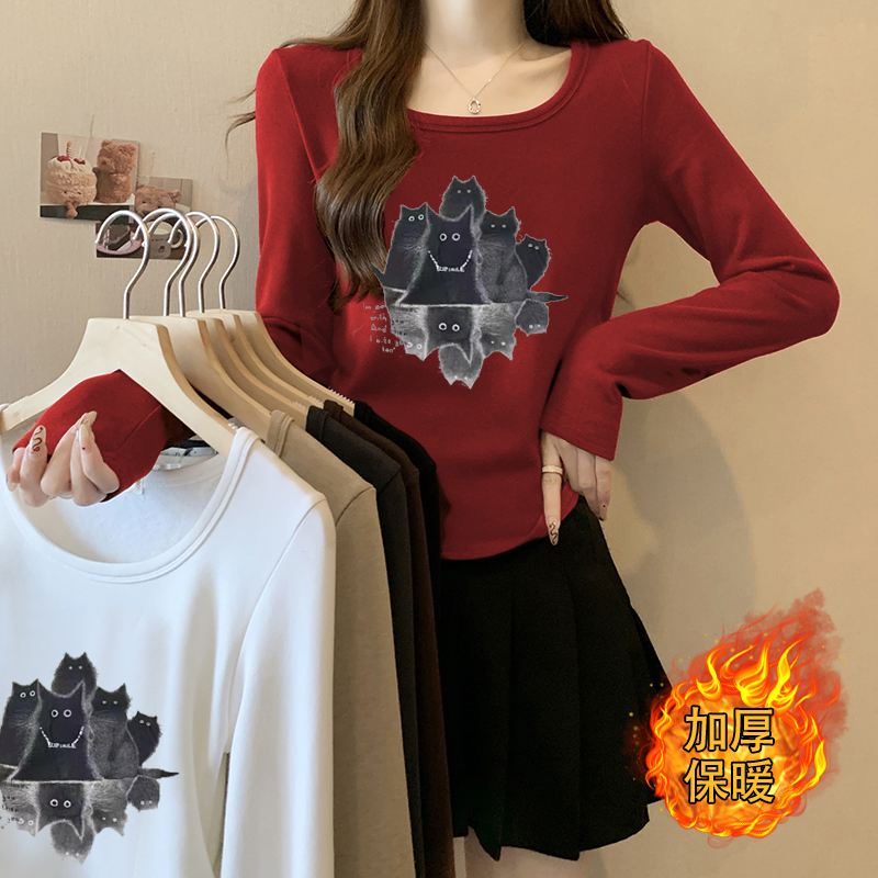 Actual shot of 2024 spring new fat mm versatile slim fit thickened warm cartoon printed hot girl bottoming T-shirt top