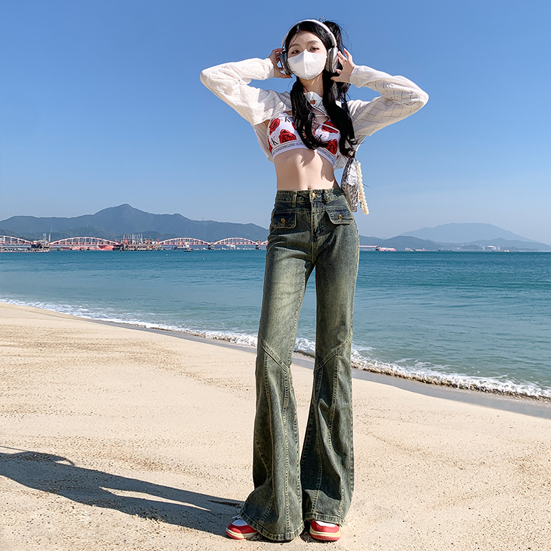 實拍~2024春秋新款水洗復古牛仔褲高腰顯瘦設計感百搭辣妹喇叭褲