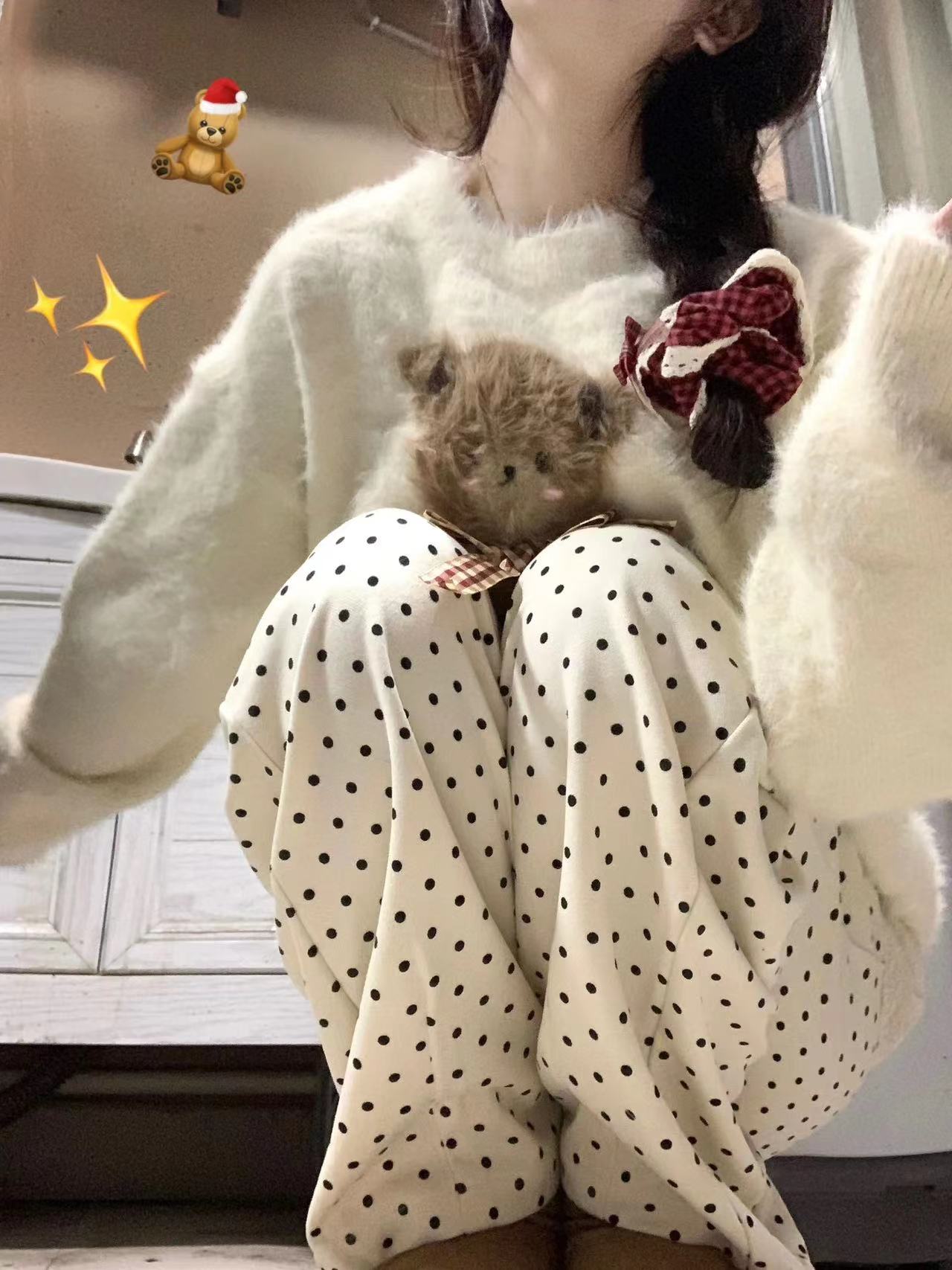 1422純棉華棉波點設計感寬鬆闊腿褲女秋冬加絨加厚高腰休閒褲