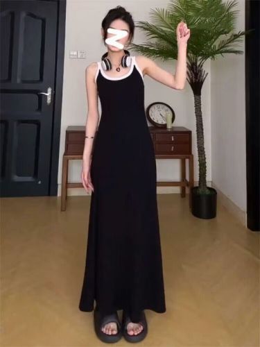 SRYS American street slim black camisole mid-length sleeveless dress new women's skirt long skirt