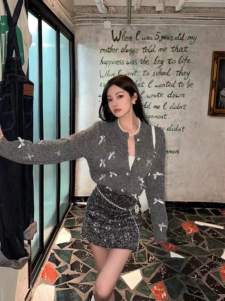 大心kissis慵懶風miu系蝴蝶結毛衣女秋冬小香風灰色針織開衫套裝