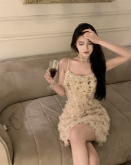 High-end shimmer, niche slimming, pure desire, sweet and spicy, sexy strapless mini dress with base layer dress