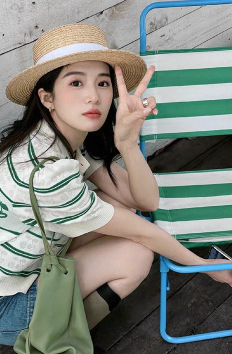 條紋泡泡袖正肩針織衫冰絲女士短袖t恤鹽系穿搭小個子短款上衣夏