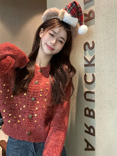 Actual shot of early spring Korean chic sequined short sweater cardigan sweater