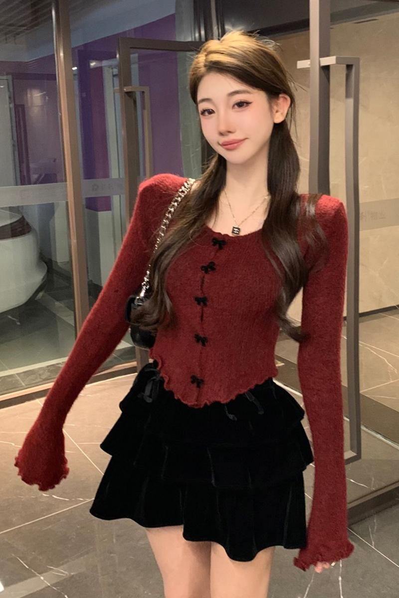 紅色針織衫女秋冬季2023新款毛衣內搭打底衫別致絕美短款上衣