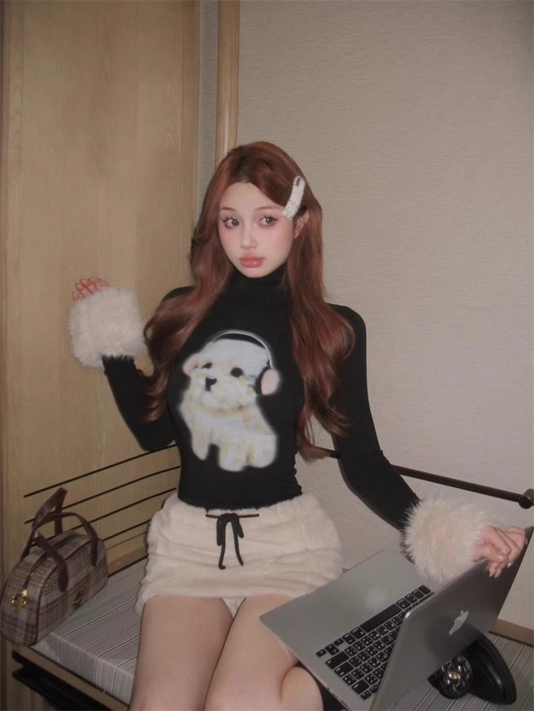 Puppy print turtleneck bottoming shirt black long-sleeved T-shirt women's winter sweet hot girl slimming inner top
