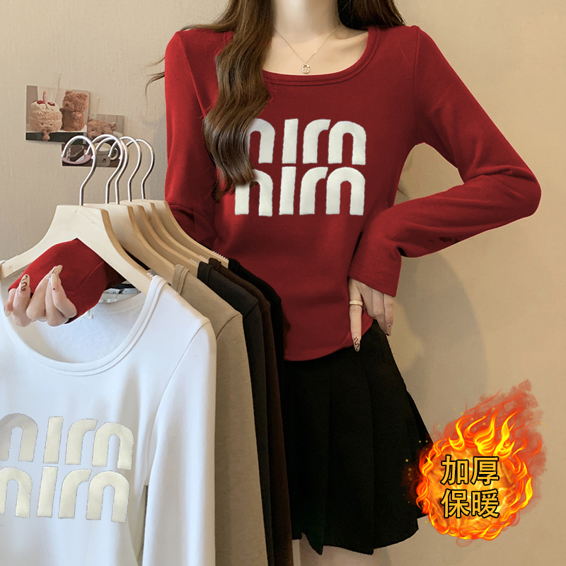 Actual shot of 2024 spring new fat mm versatile slim fit thickened warm letter printed slimming bottoming T-shirt top