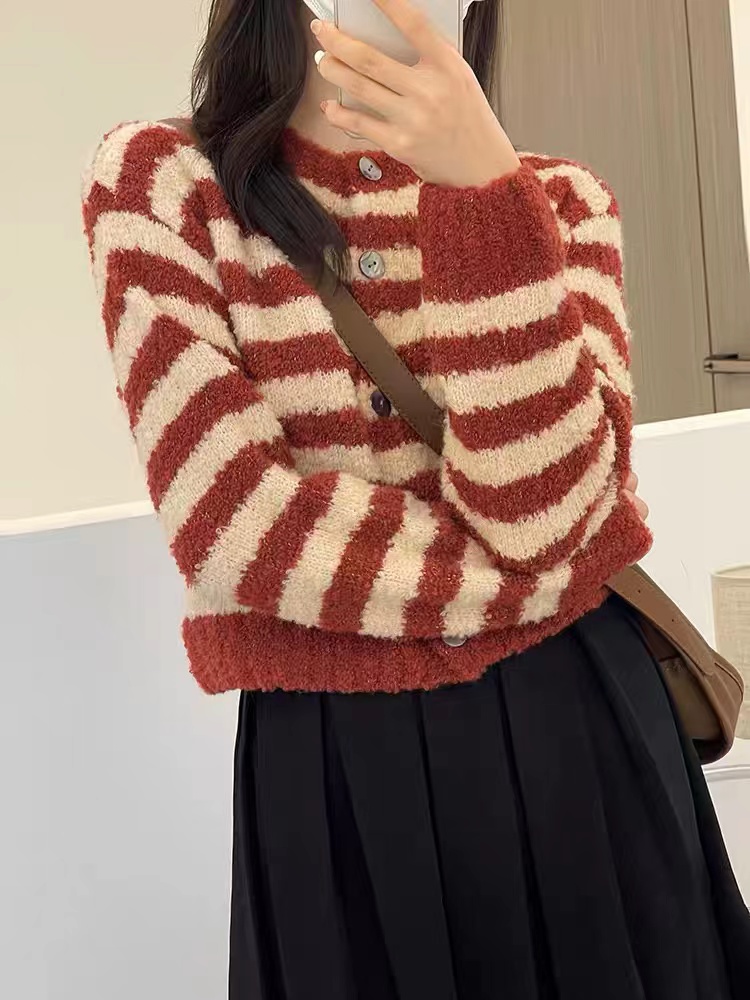 條紋毛衣開衫女秋冬2023新款軟糯圈圈紗小眾設計感短款上衣外套潮