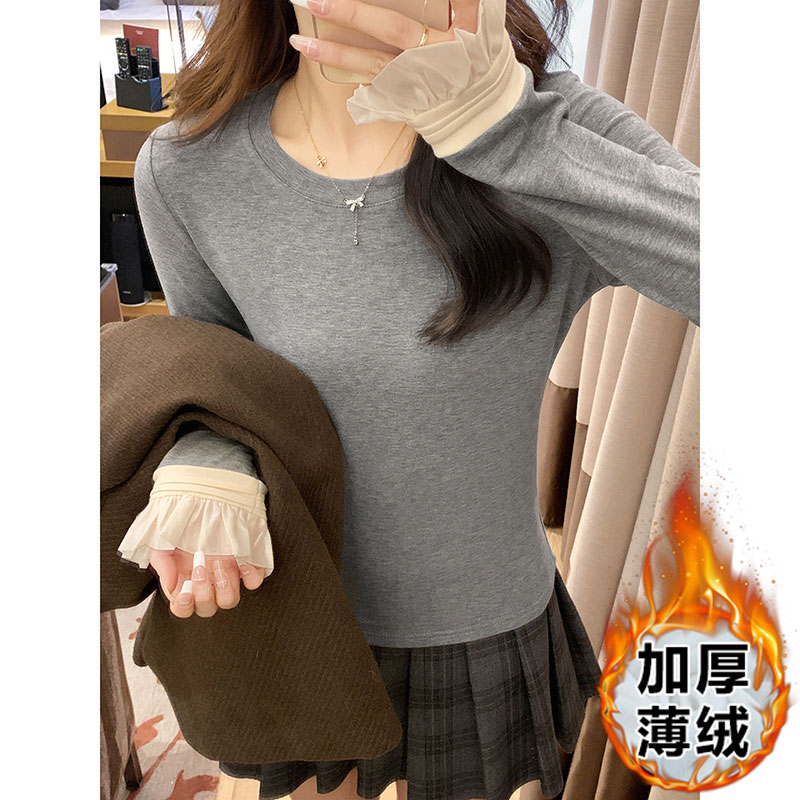 Real shot of French chic lotus leaf sleeve top for women in autumn and winter, long-sleeved high-end velvet bottoming shirt