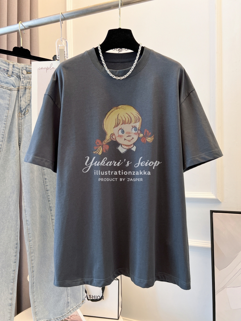 實拍 2024年春夏新款 100%棉精梳純棉 印花夏裝短袖T恤女寬鬆韓版