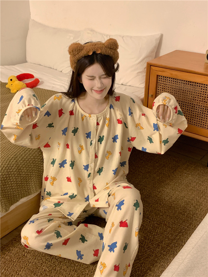 Real shot of Korean cartoon autumn and winter cotton brushed loose casual student long-sleeved home clothes suit