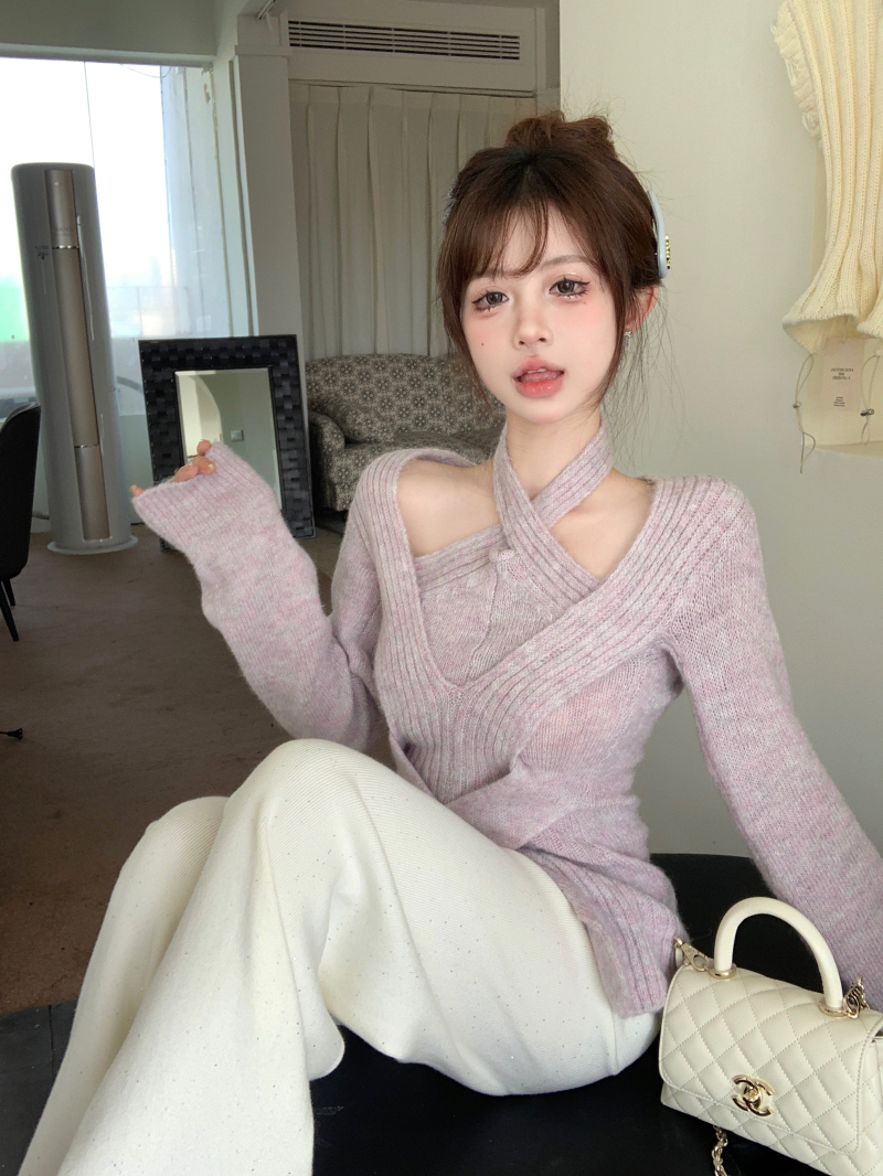 實拍 純欲風設計感立體扭結掛脖針織衫女秋冬顯瘦羊毛上衣
