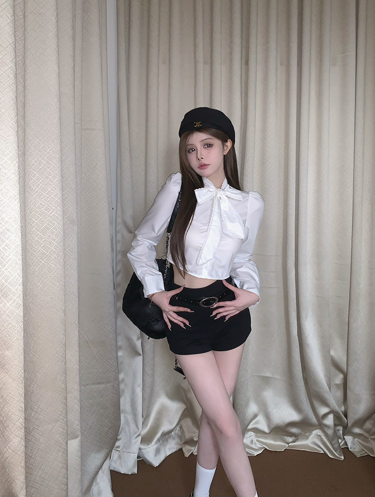 實拍 蝴蝶結綁帶領襯衫新款長袖純色襯衣