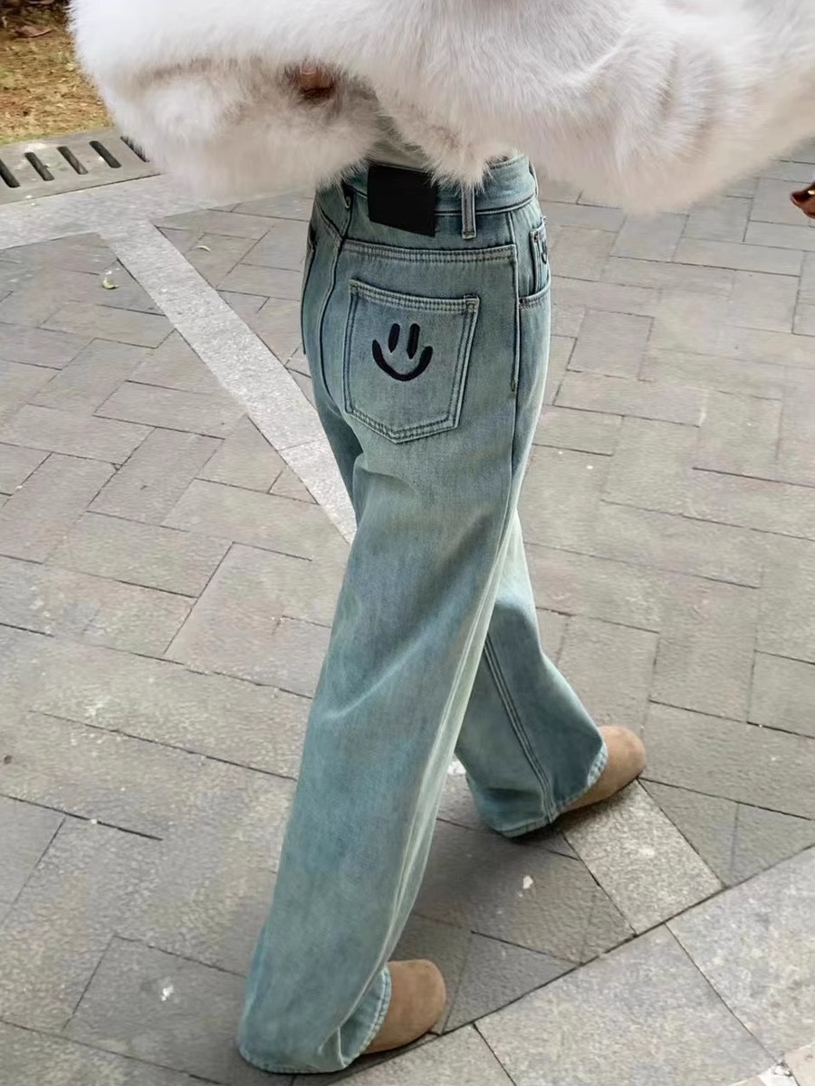 笑臉刺繡加絨闊腿牛仔褲女歐洲站冬裝2023新款歐貨女裝拖地褲子潮