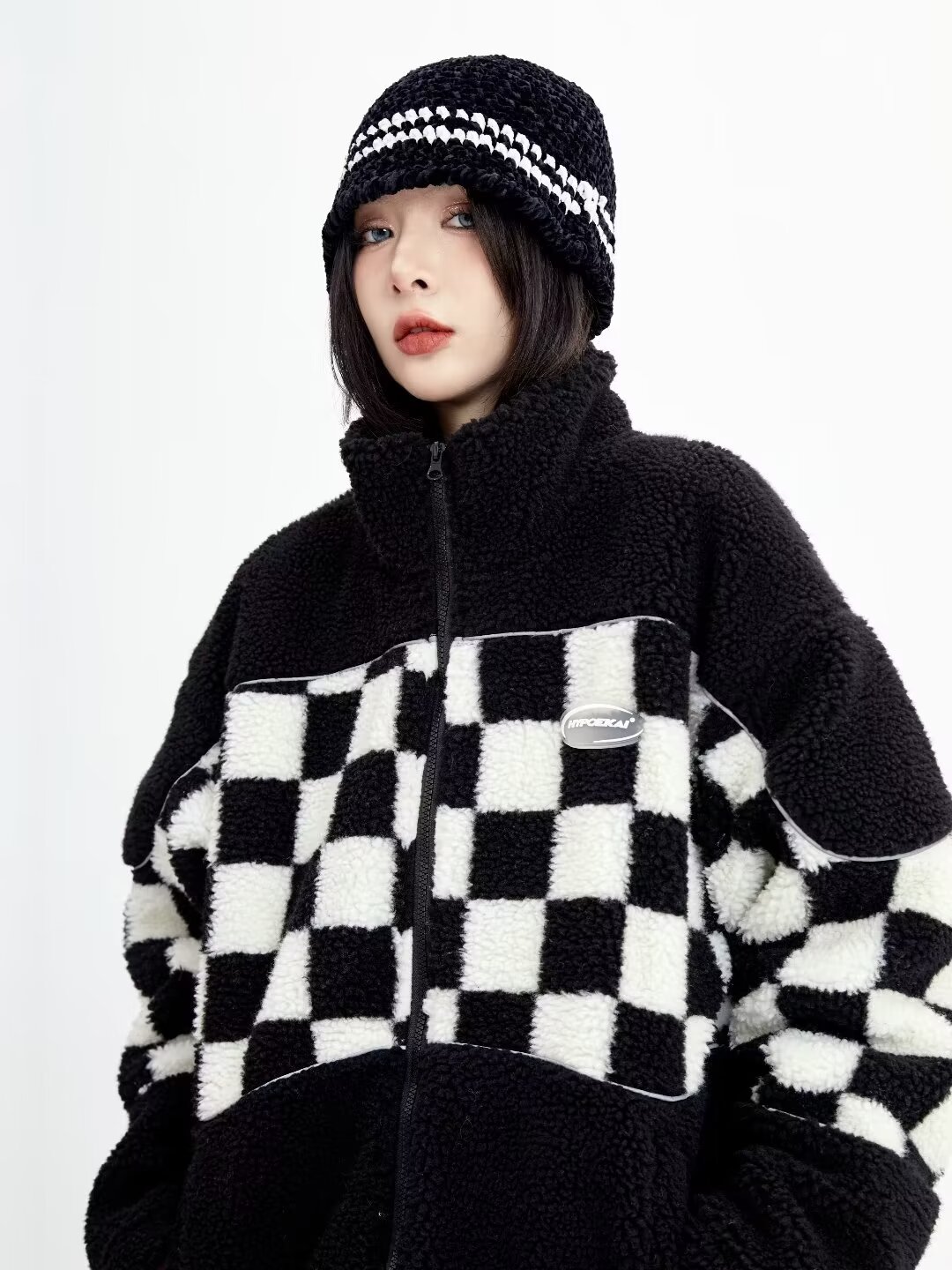 Lamb velvet cotton coat for men and women in autumn and winter new trendy brand plus velvet and thickened Hong Kong style checkerboard warm jacket for women