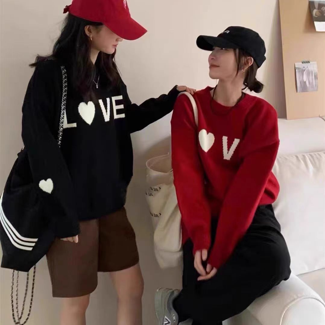 韓版愛心字母刺繡圓領套頭毛衣女秋冬新款寬鬆甜美百搭針織衫上衣