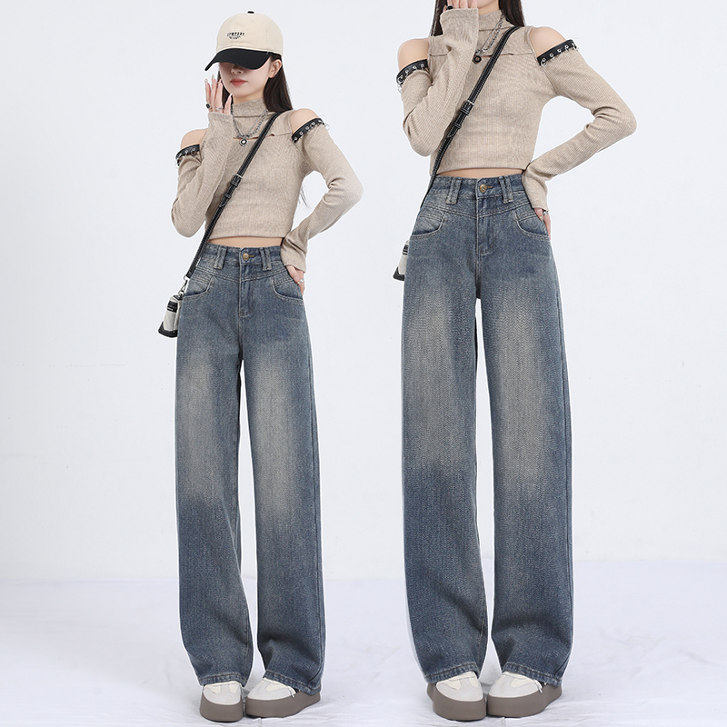實拍高腰闊腿牛仔褲女2024新款春季顯瘦寬鬆窄版直筒拖地褲子