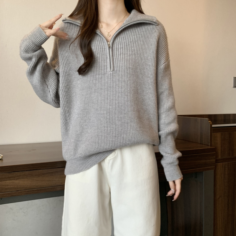 實拍 2023秋冬大碼女裝拉鏈針織毛衣韓版高領寬鬆打底上衣女