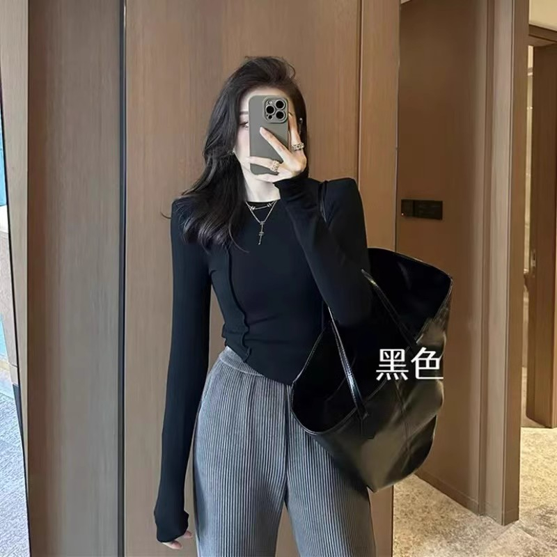 人棉1X1抓毛2023秋冬圓領小眾磨毛加絨打底衫墊肩長袖t恤女