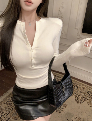 Actual shot ~ Button-down long-sleeved round-neck pleated top for women, slim fit T-shirt with long-sleeved bottoming shirt for women