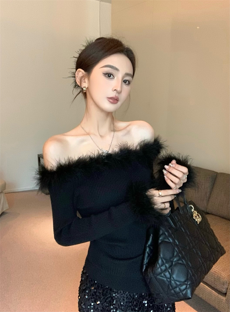 Real shot of elegant, western and fashionable one-shoulder knitted sweater top + sequined high-waisted long skirt