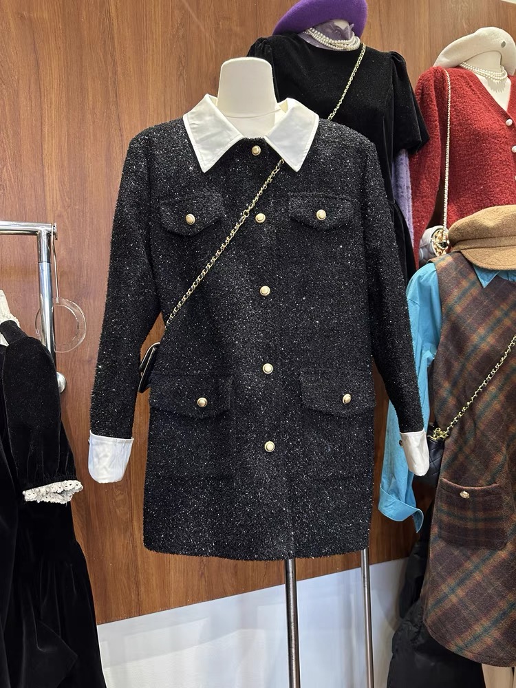 Welfare style spliced ​​collar down small fragrance coat women's mid-length winter high-end slim woolen coat trendy