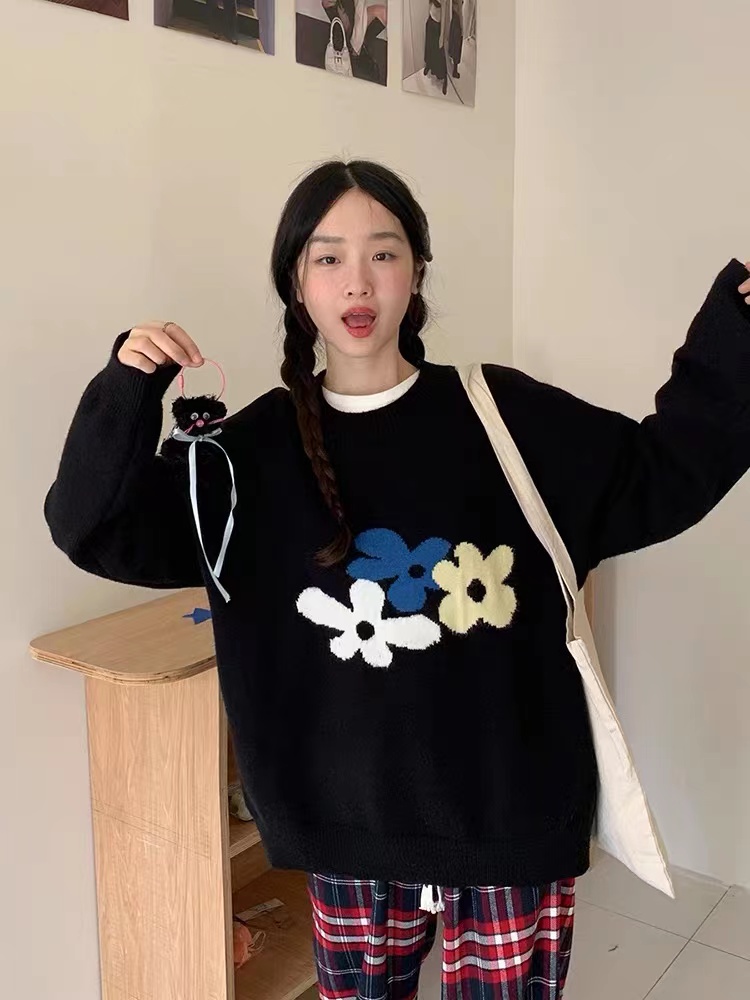 陸小團團韓系慵懶風花朵毛衣女2023冬季新款vintage復古針織上衣