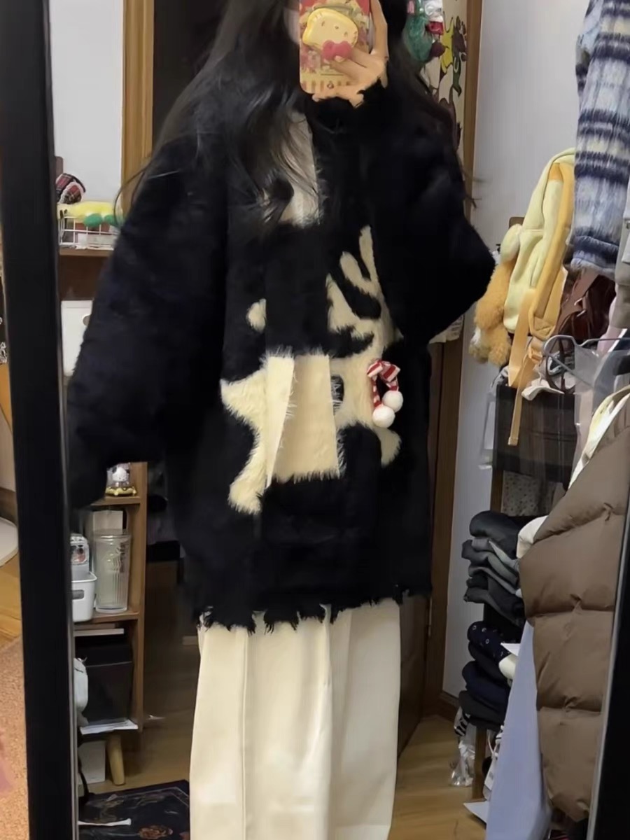 kumikumi氛圍感聖誕麋鹿仿貂絨毛衣女冬季設計感毛邊軟糯針織上衣