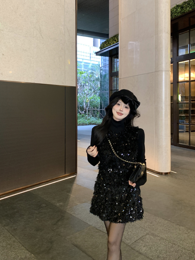 實拍 高級感流蘇亮片加絨閃閃背心裙+磨毛打底衫顯瘦兩件套