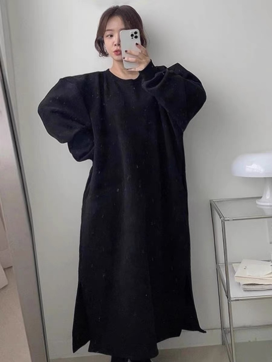 韓國chic秋冬法式慵懶風圓領側開叉寬鬆休閒加絨長袖衛衣連衣裙女