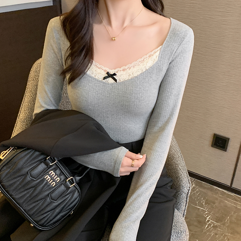 Real shot of pure lust style lace splicing long-sleeved T-shirt for women in autumn and winter with slim design bow top